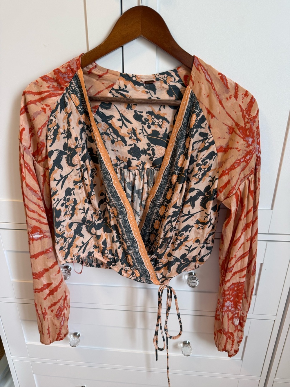 Free People Peach Floral Wrap Top with Mixed Print